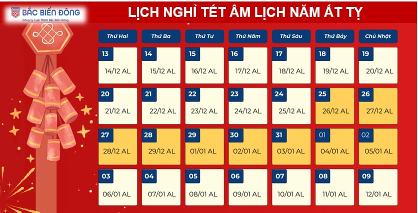 Lịch nghỉ Tết Ất Tỵ năm 2025